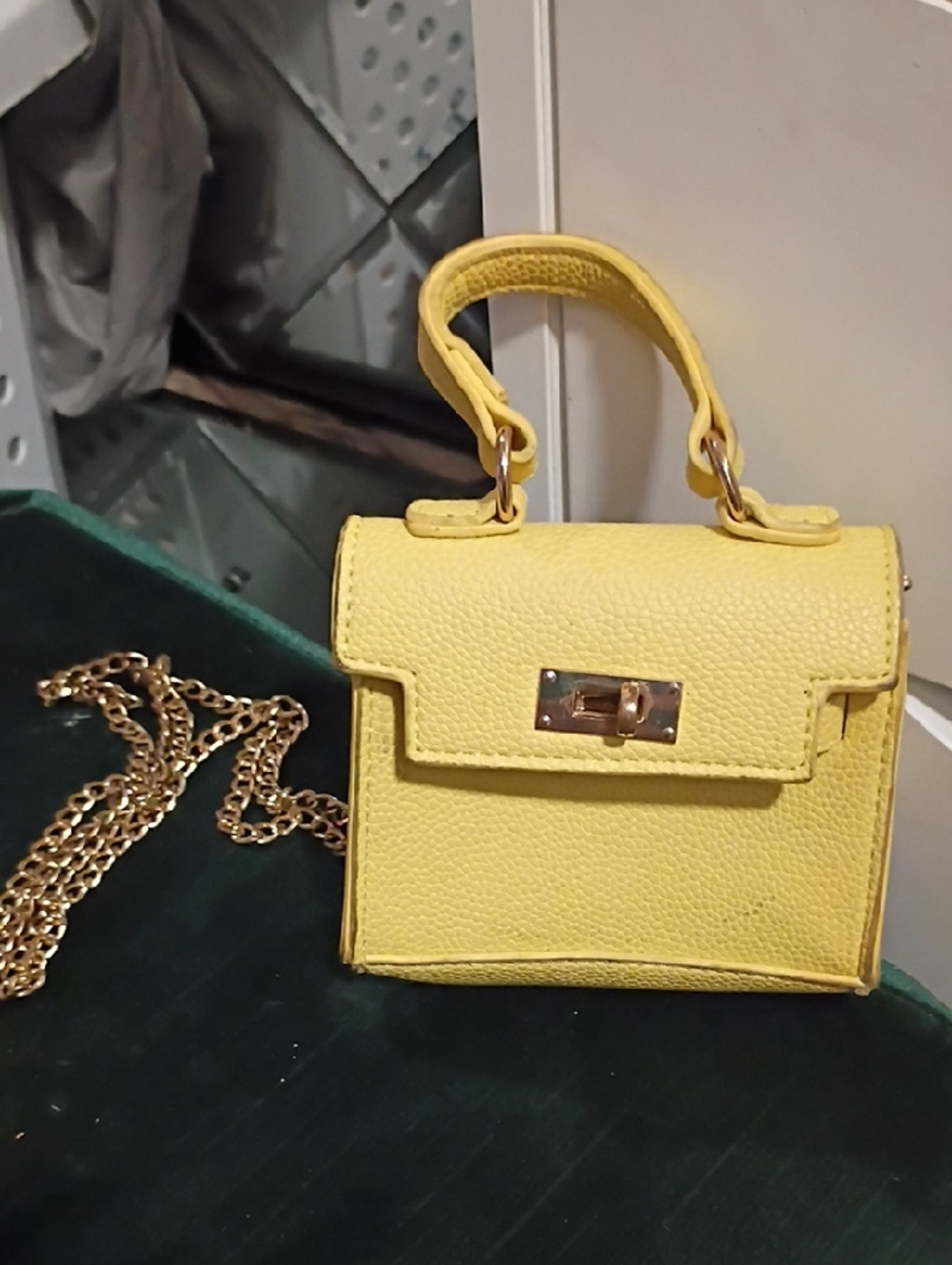 Compact Yellow Mini Top-Handle Bag with Gold Chain